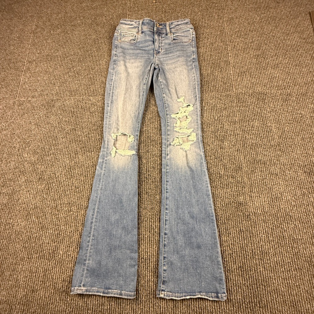 American Eagle Womens Size 0 Long Next Level Stretch Distressed Flare Light Wash